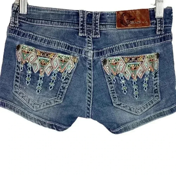 Grace in LA Jeans Womens 25 Blue Jean Short Shorts Embroidered Aztec Stretch - Picture 5 of 9
